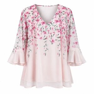 Romantic Womens Blouse XXL Pink Floral Chiffon Layered Bell Sleeve V-Neck Tunic